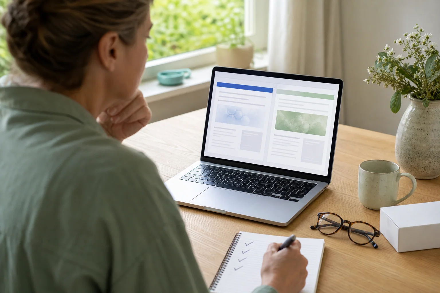 Twee mensen vergelijken thuis informatie op een laptop en een folder